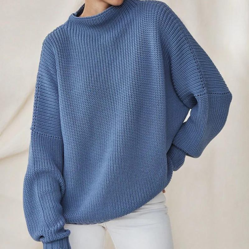 Blauer Strickpullover Damen, grob gestrickt, Rollkragen, modisch, bequem, Herbstmode.