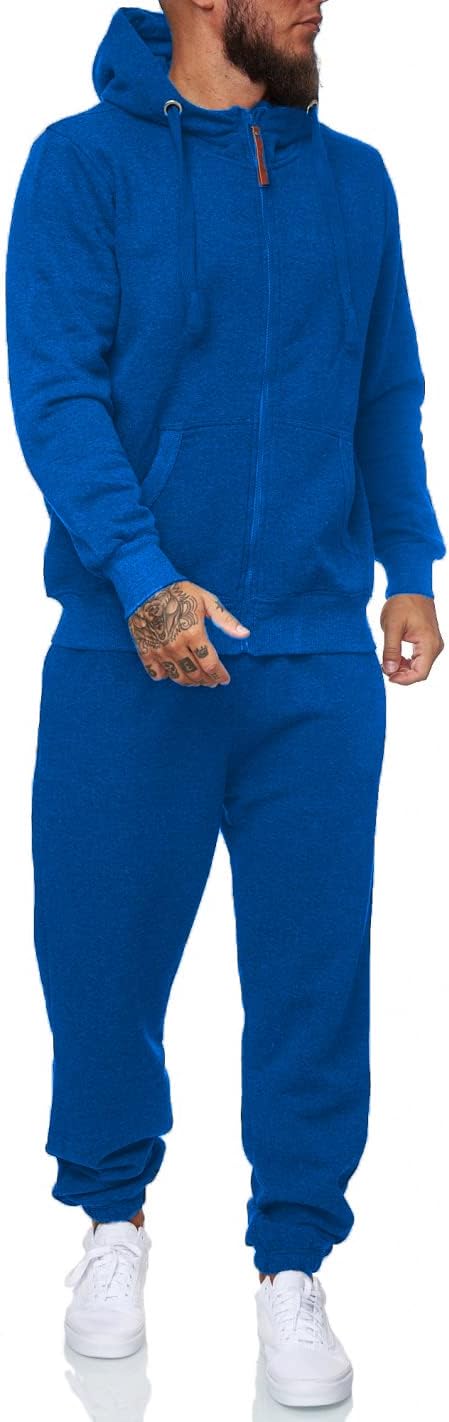 Blauer Herren-Trainingsanzug mit Kapuze, Reißverschluss, Baumwolle, Freizeitmode, Sportbekleidung.