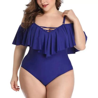 Damen Badeanzug Blau, Off-Shoulder, Rüschen, Plus Size, Sommermode, Strandbekleidung