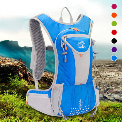 Blauer Wanderrucksack, leicht, atmungsaktiv, mit mehreren Taschen, ideal für Outdoor-Aktivitäten.