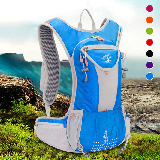 Blauer Wanderrucksack, leicht, atmungsaktiv, mit mehreren Taschen, ideal für Outdoor-Aktivitäten.