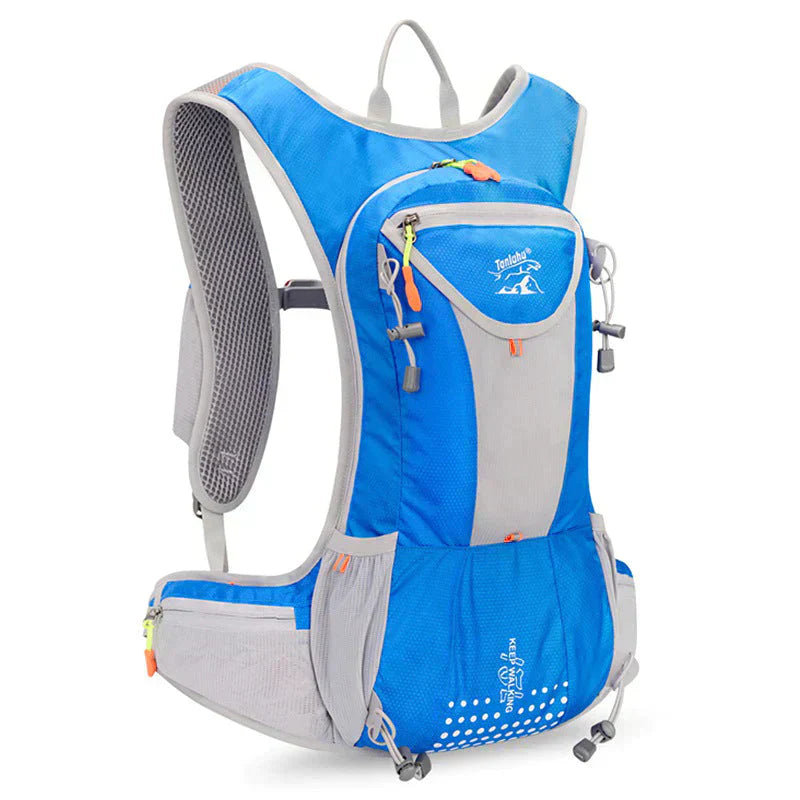 Blauer wasserdichter Wanderrucksack, leicht, mit mehreren Taschen, ideal für Outdoor-Aktivitäten.
