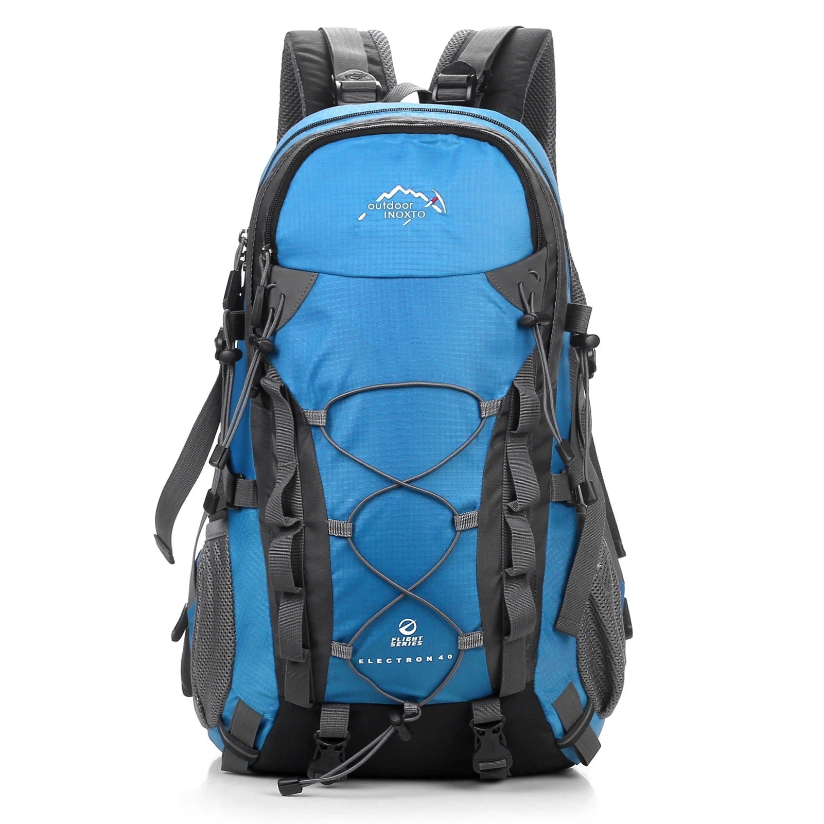 Blauer Wanderrucksack, 40L, wasserdicht, mit mehreren Taschen und verstellbaren Gurten.