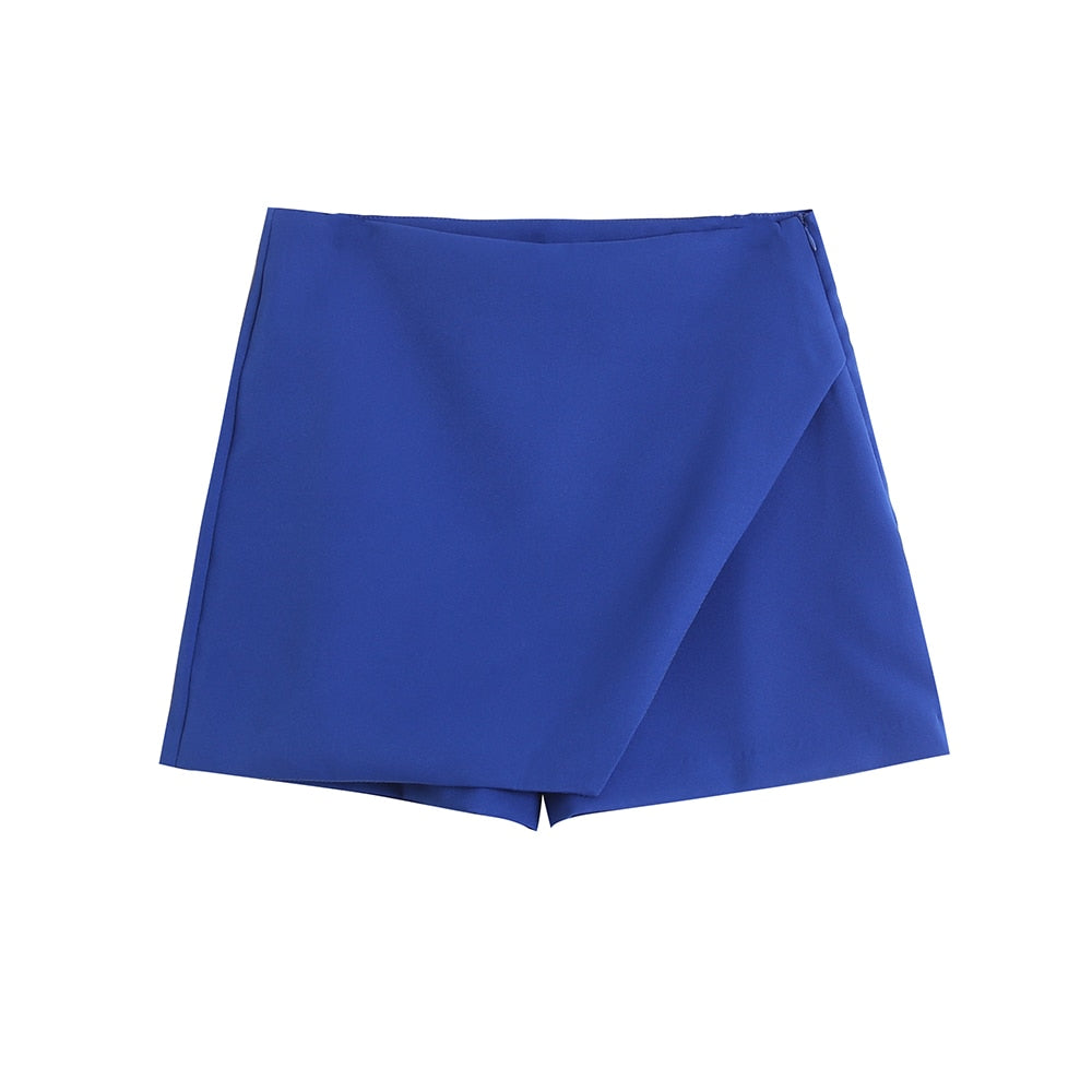 Blauer Damenrock, Minirock, asymmetrisch, elegant, Sommermode, Freizeitkleidung, Polyester.
