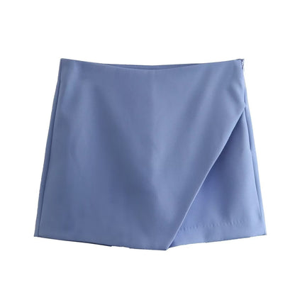 Blauer Minirock Damen, eleganter Wickelrock, Sommermode, knielang, aus Baumwolle.