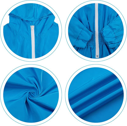 Blaue Regenjacke mit Kapuze, Reißverschluss, elastischer Taille, wasserabweisend, Unisex.