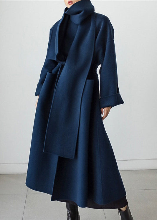 Damen Wollmantel Blau, Bindegürtel, Langarm, Eleganter Wintermantel, Modetrend 2023