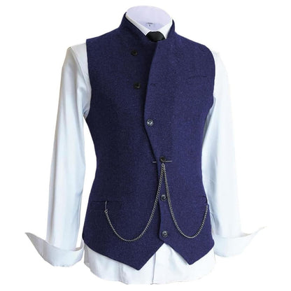 Elegante Herrenweste blau, Stehkragen, Kette, formell, Anzugweste, Herrenmode.