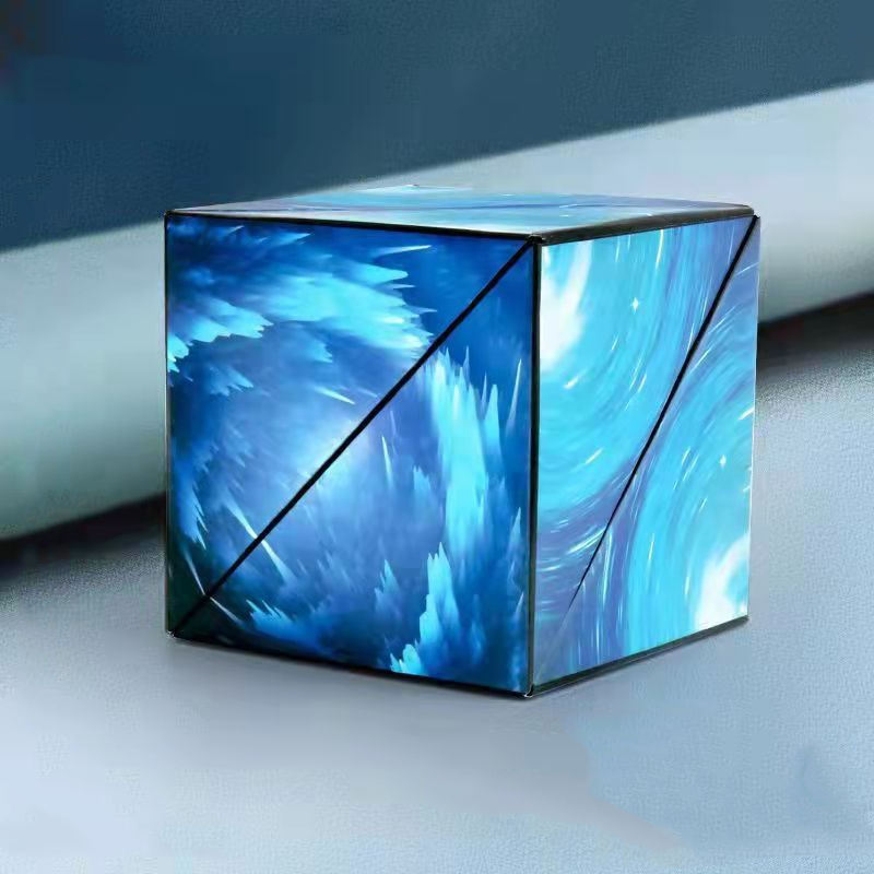 Blauer Zauberwürfel mit abstraktem Wirbelmuster, Puzzle-Spielzeug, 3D-Design.