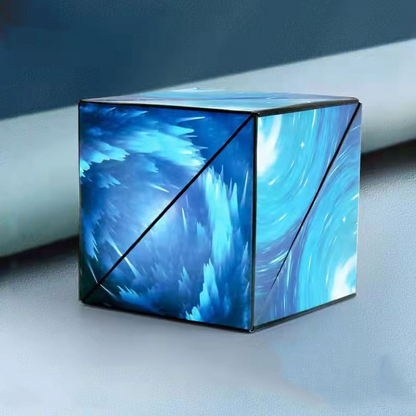 Blauer Zauberwürfel mit abstraktem Wirbelmuster, Puzzle-Spielzeug, 3D-Design.