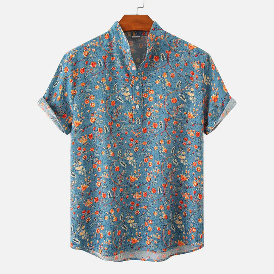 Blaues Herrenhemd mit Blumenmuster, Kurzarm, Baumwolle, modisch, lässig, Sommermode.
