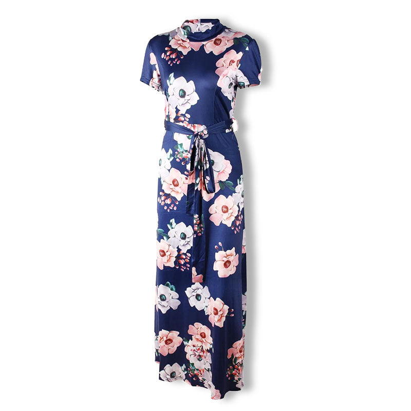Blaues Maxikleid mit Blumenmuster, Kurzarm, Gürtel, Damenmode, Sommerkleid, elegant.