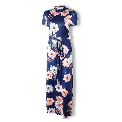 Blaues Maxikleid mit Blumenmuster, Kurzarm, Gürtel, Damenmode, Sommerkleid, elegant.