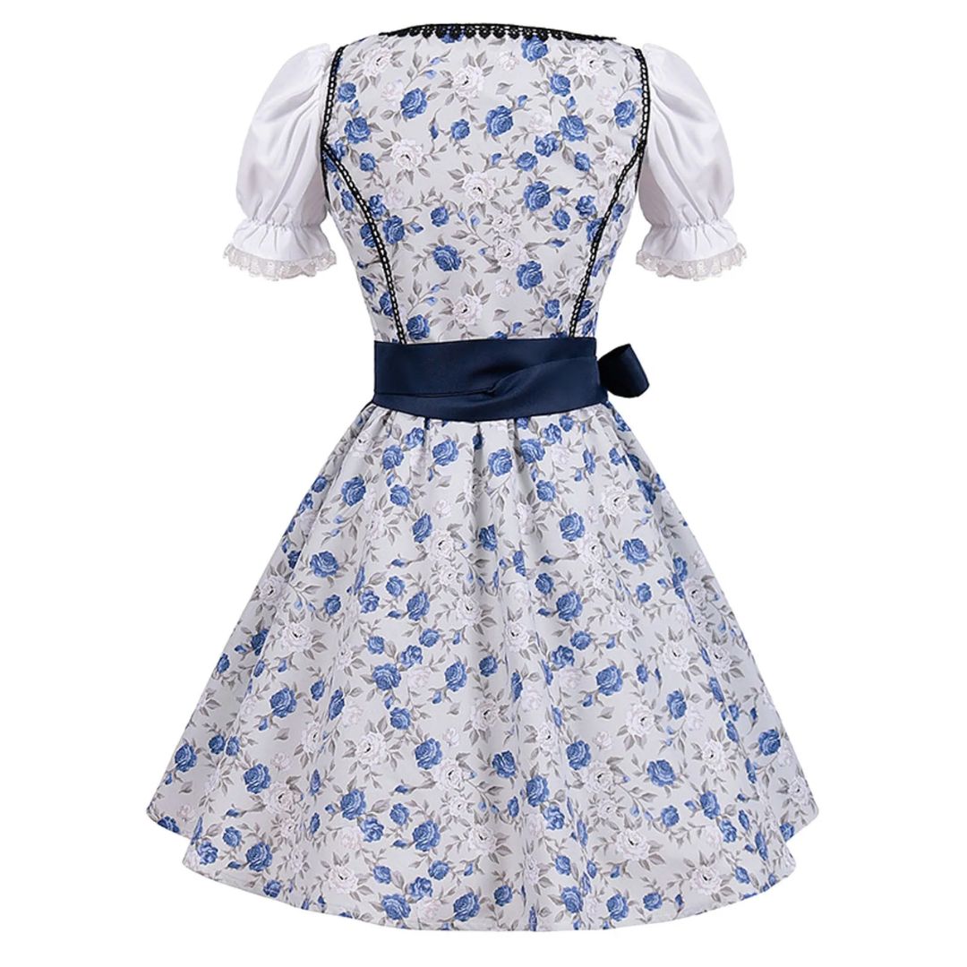 Blau-weißes Dirndlkleid mit Blumenmuster, Puffärmeln und Schleife, traditionell, elegant.