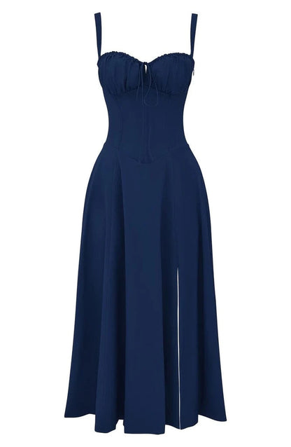 Dunkelblaues Bustier-Sommerkleid, ärmellos, elegantes Design, knielang, Damenmode.