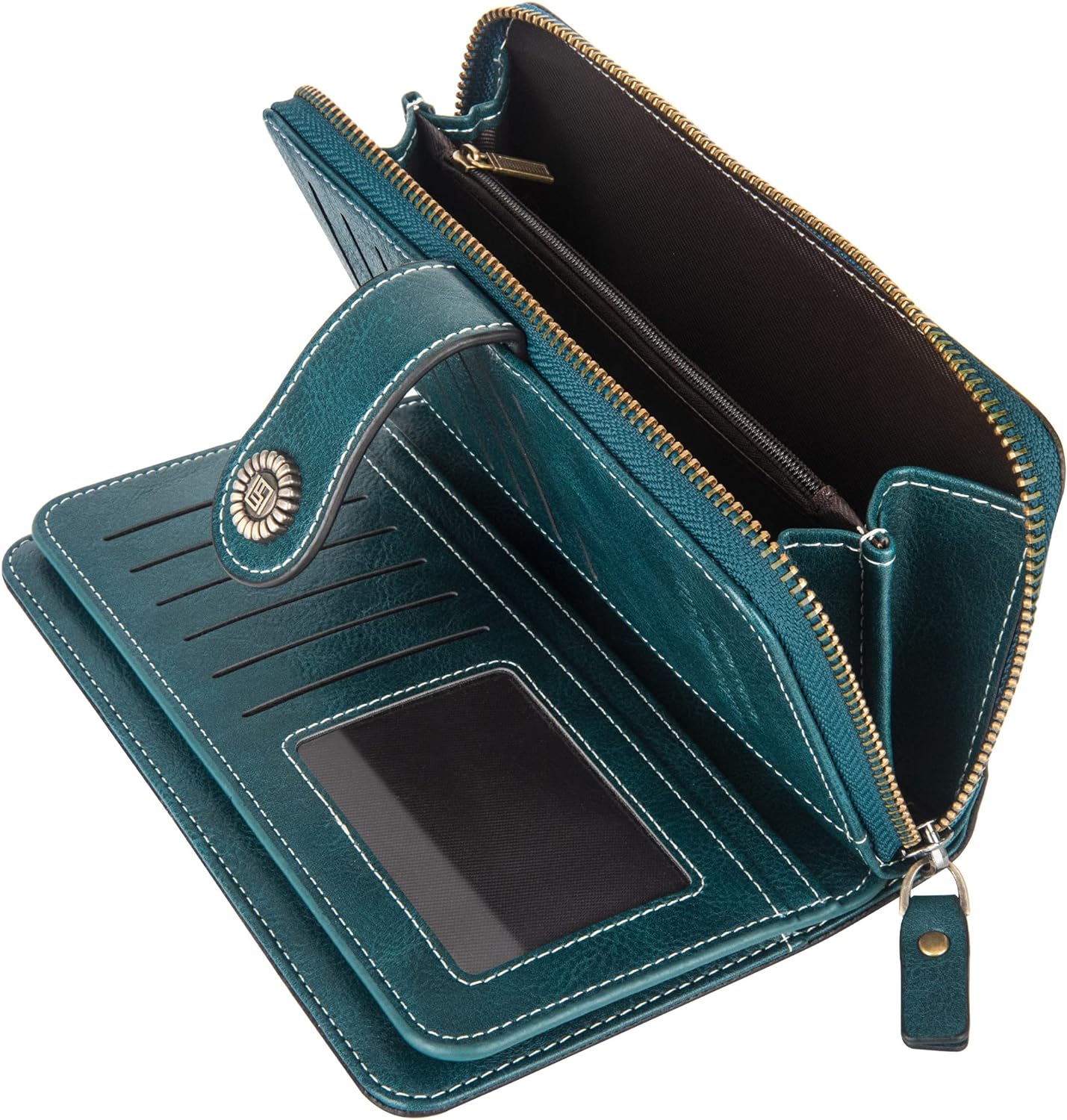 Offene blaue Damen-Geldbörse aus Leder mit Kartenfächern und Reißverschlussfach.