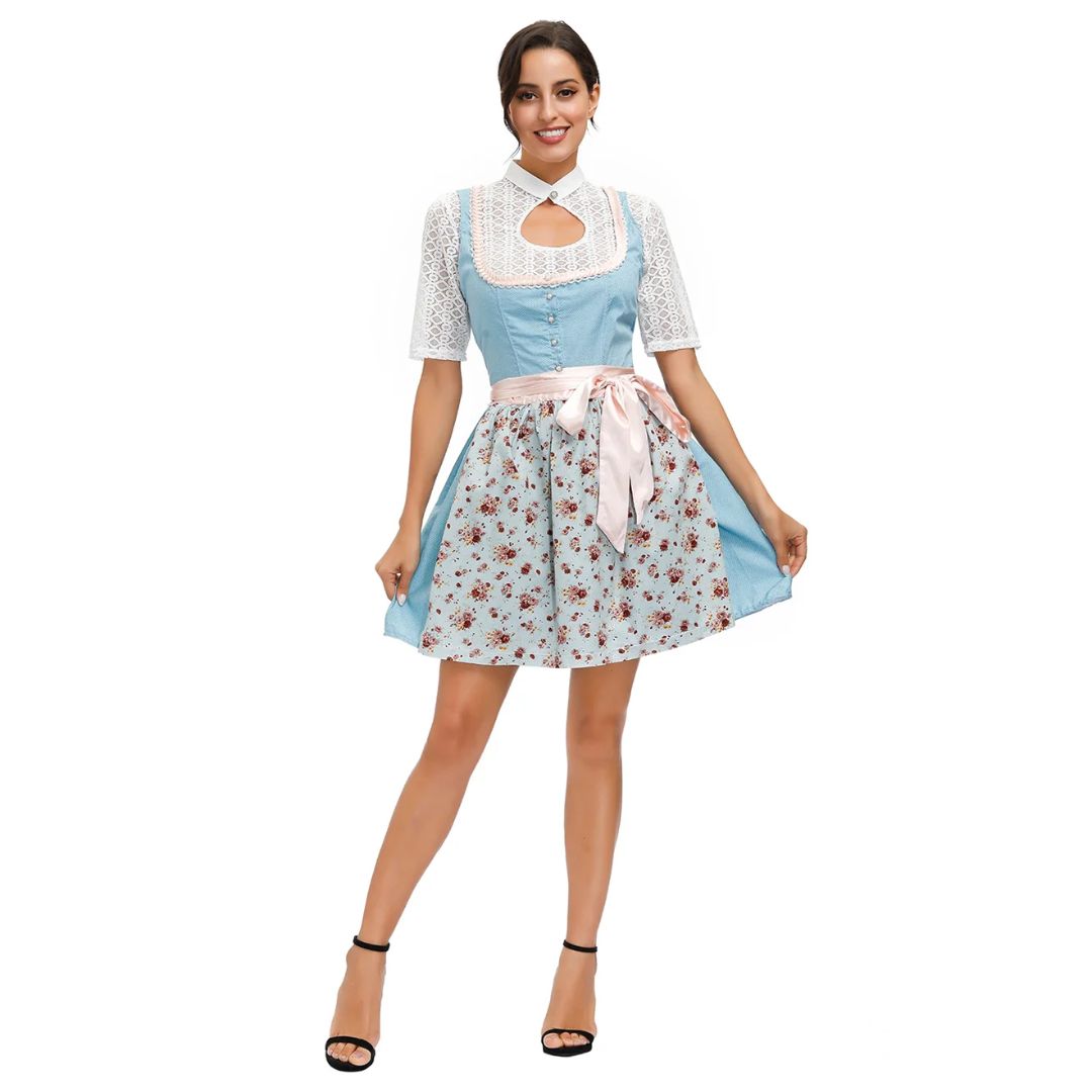 Damen-Dirndl blau-weiß, florales Muster, Spitzenärmel, rosa Schürze, traditionelles Oktoberfest.