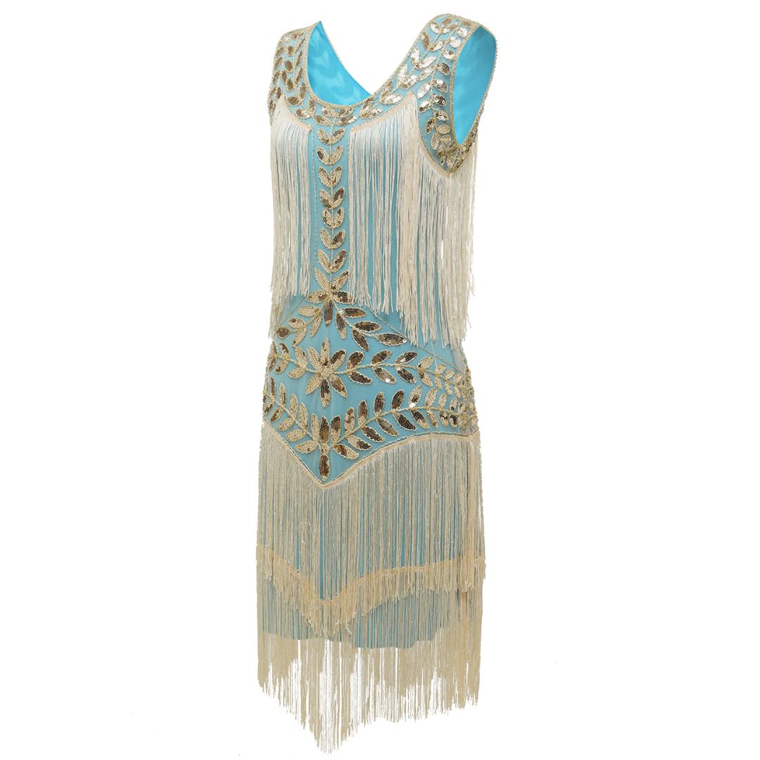 Blaues Charleston-Kleid mit goldenen Pailletten und Fransen, 1920er Jahre Vintage-Stil.
