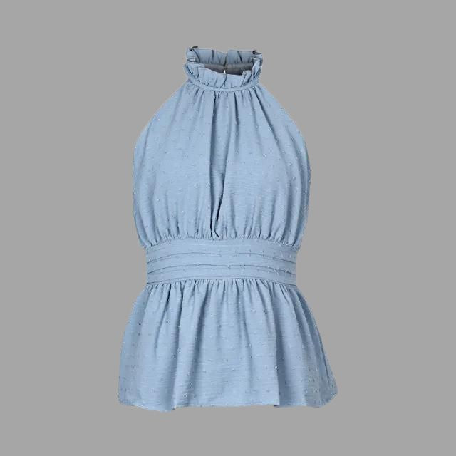 Ärmellose blaue Damenbluse mit Stehkragen, elegantes Design, Sommermode, Baumwollstoff.