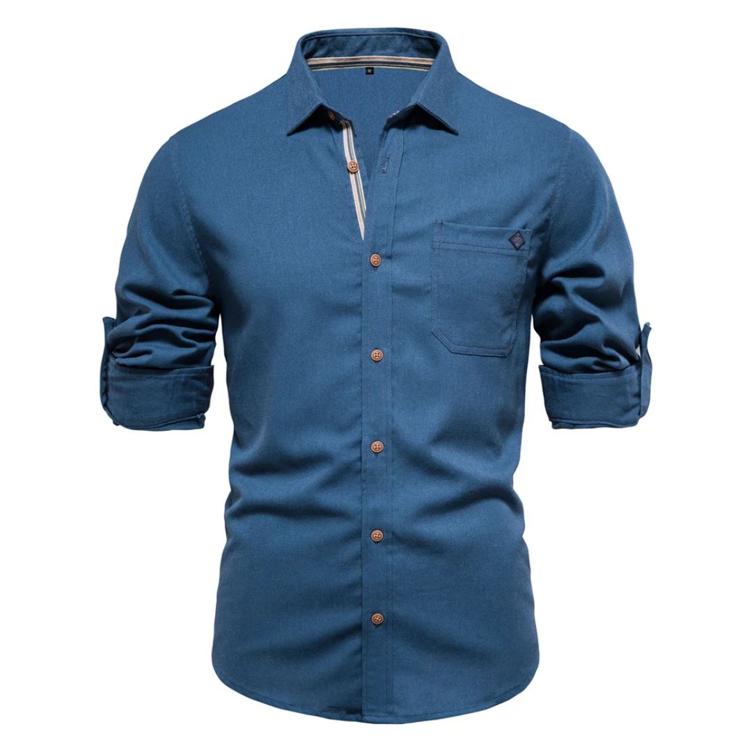 Blaues Herrenhemd, langärmlig, Baumwolle, Knopfleiste, Freizeitmode, elegantes Design.