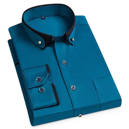 Blaues Herrenhemd, langärmelig, Knopfleiste, Kontrastkragen, Business-Mode, Baumwolle.