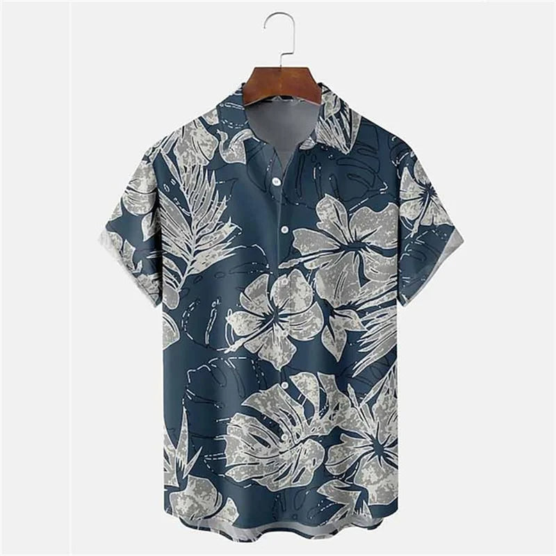 Herrenhemd mit blauem Hawaii-Blumenmuster, Kurzarm, Knopfleiste, Sommermode.