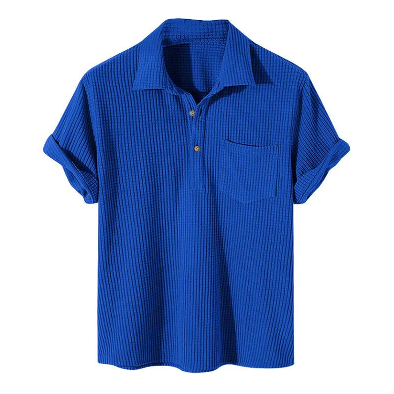 Blaues Herren-Poloshirt, kurzärmelig, Baumwolle, geripptes Design, modisch, bequem.