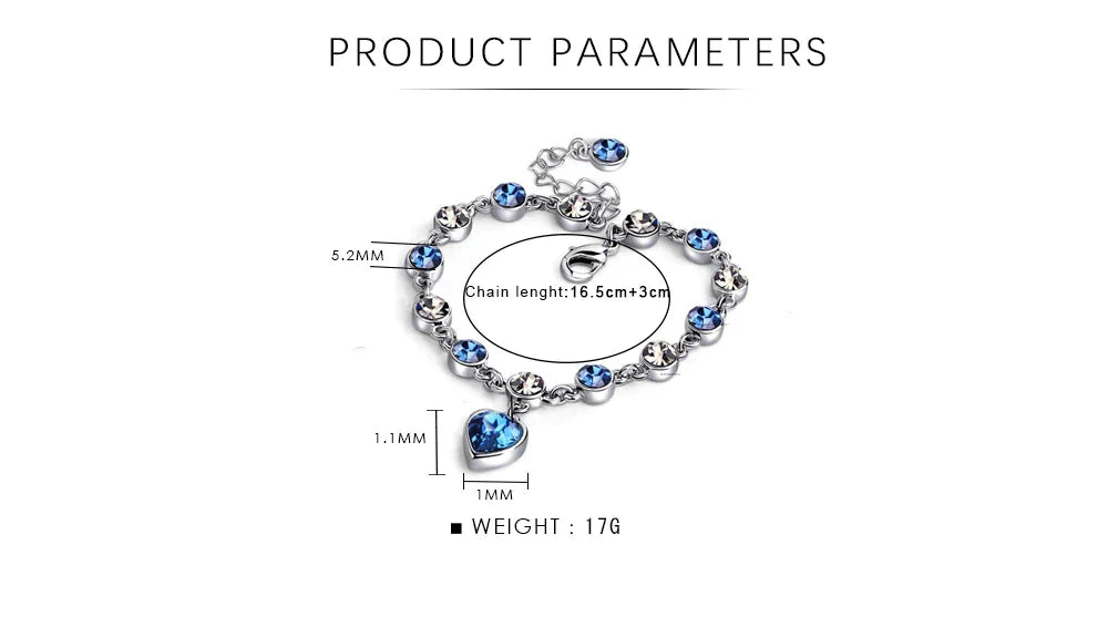 Silberarmband mit blauen Kristallen, Herzanhänger, 16,5 cm Kettenlänge, elegantes Schmuckdesign.