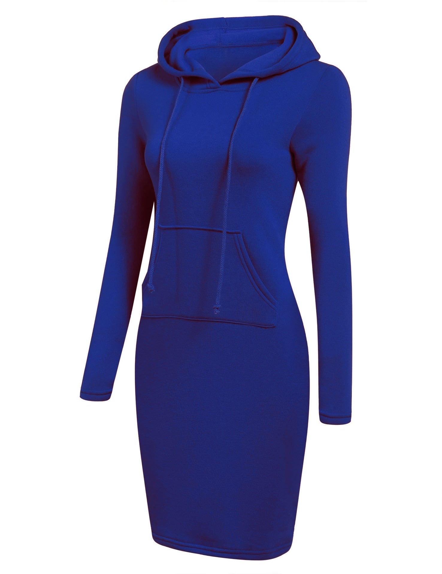Blaues Kapuzenkleid Damen, langärmelig, Baumwolle, Freizeitmode, Kängurutasche, elegant.