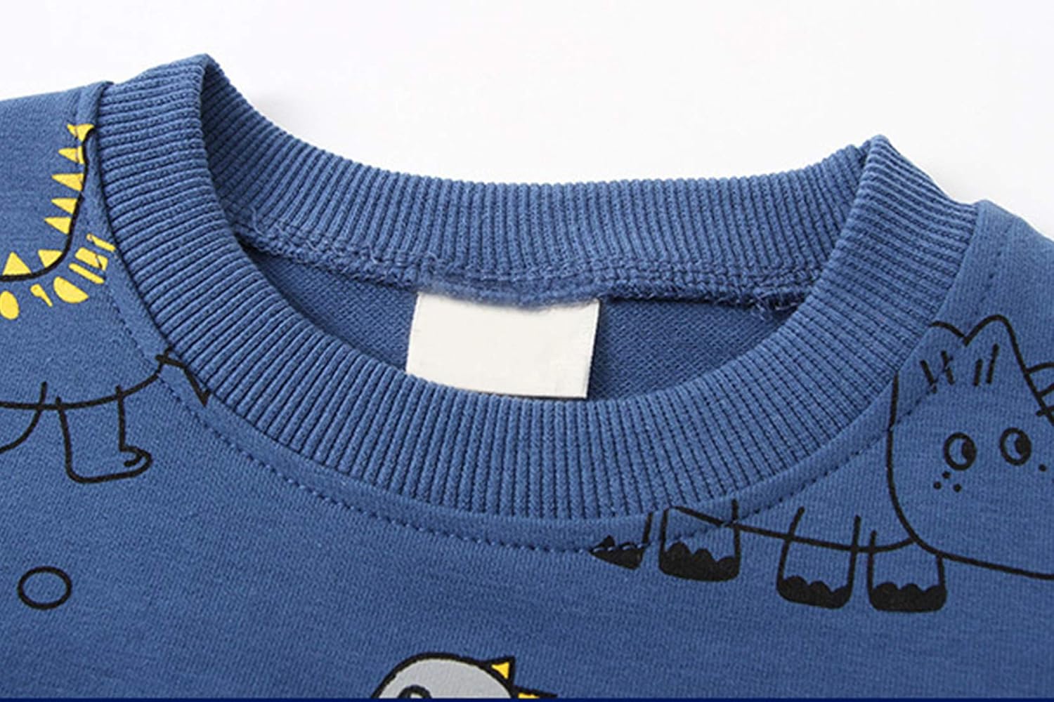 Blaues Kinder-T-Shirt mit Dinosaurier- und Katzenmotiv, Rundhalsausschnitt, Baumwolle.