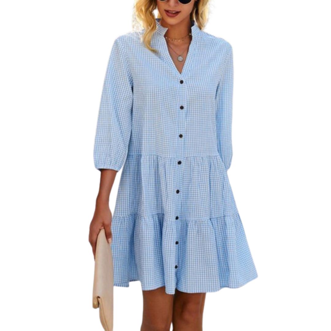 Damen Sommerkleid blau kariert, Knopfleiste, 3/4-Ärmel, Freizeitmode, Baumwolle.