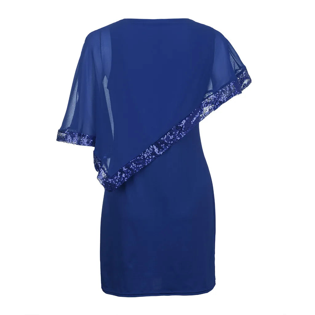 Blaues Kleid mit Pailletten, asymmetrischer Schnitt, elegantes Design, Abendmode Damen.