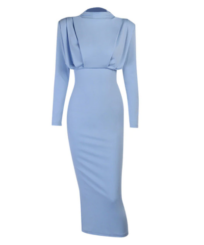 Blaues langärmeliges Kleid, elegantes Design, knielang, Damenmode, Abendkleid.