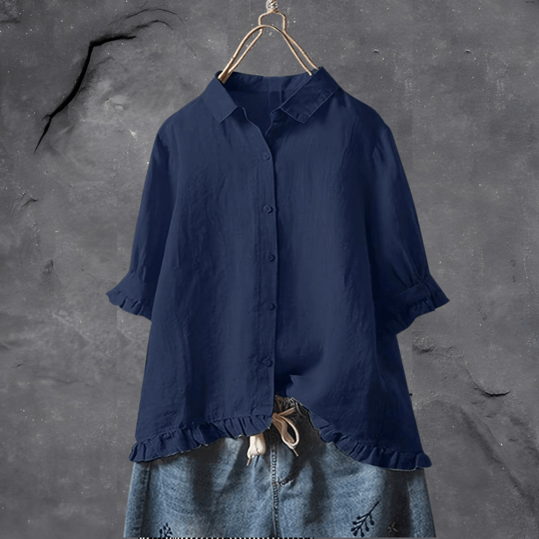Dunkelblaues Leinenhemd für Damen, lässig, mit Rüschen, ideal für Sommermode.