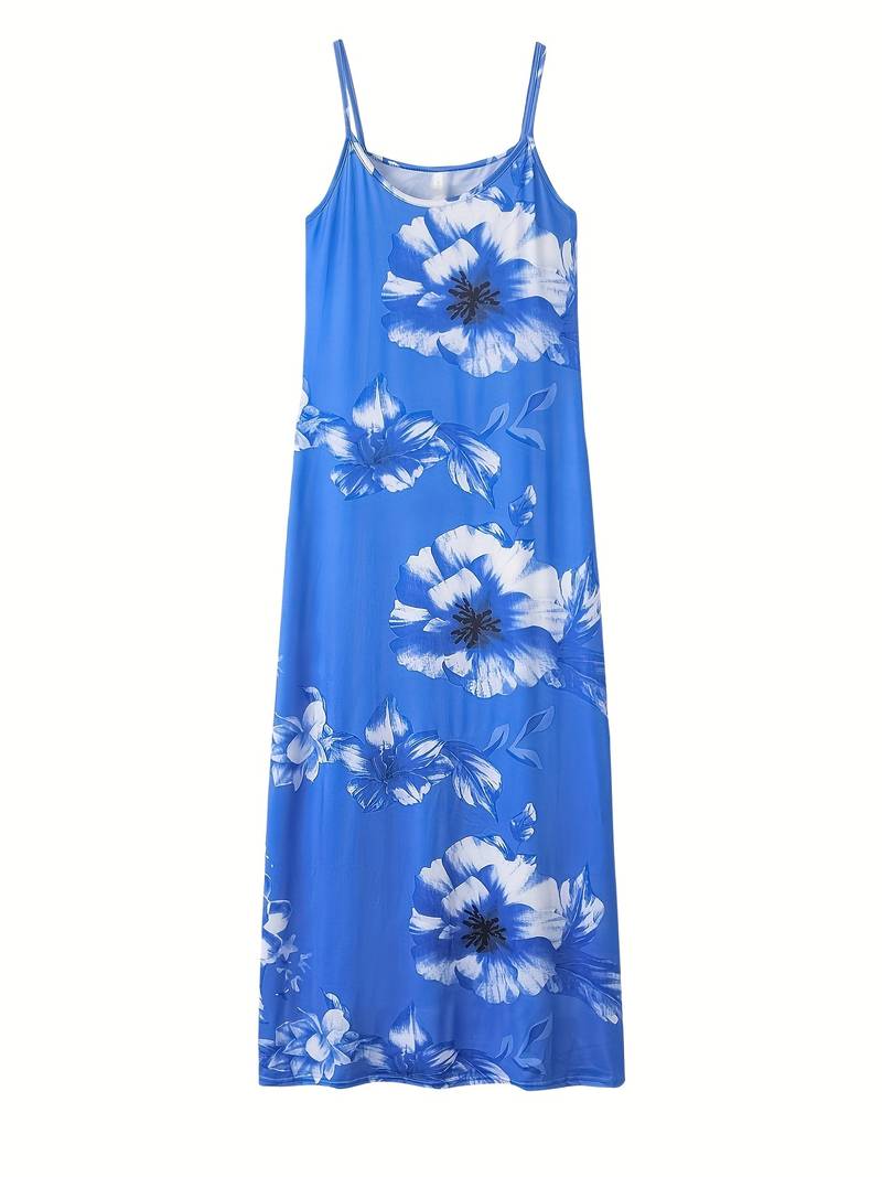 Blaues Sommerkleid mit weißen Blumen, ärmellos, lang, ideal für Strandmode.