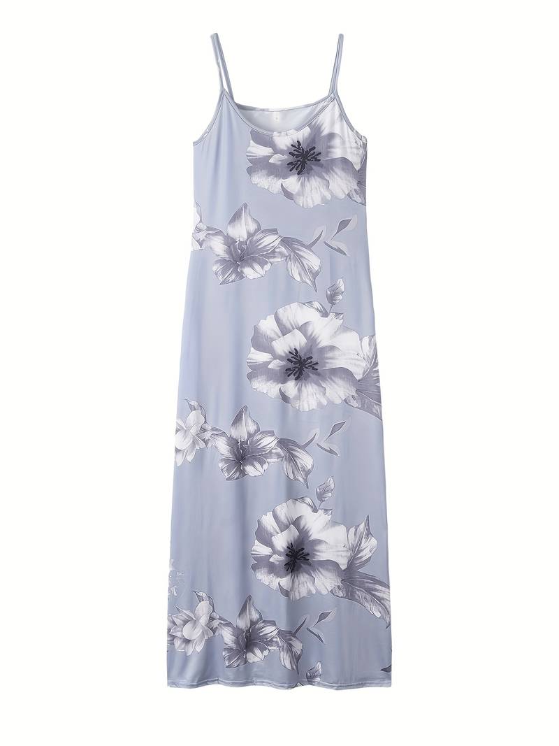 Blaues Maxikleid mit Blumenmuster, ärmellos, Sommermode, Damenbekleidung, elegant.