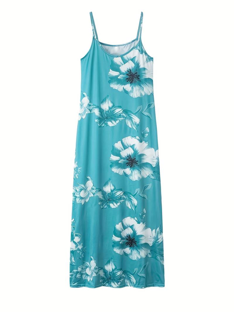 Türkises Maxikleid mit weißen Blumen, ärmellos, Sommermode, Damenbekleidung, Strandkleid.