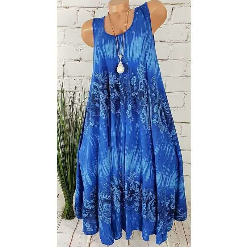 Blaues ärmelloses Sommerkleid mit Paisley-Muster, Damenmode, lässig, Baumwolle, knielang.