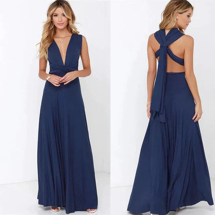 Elegantes langes blaues Abendkleid mit V-Ausschnitt und Rückenausschnitt für Damenmode.