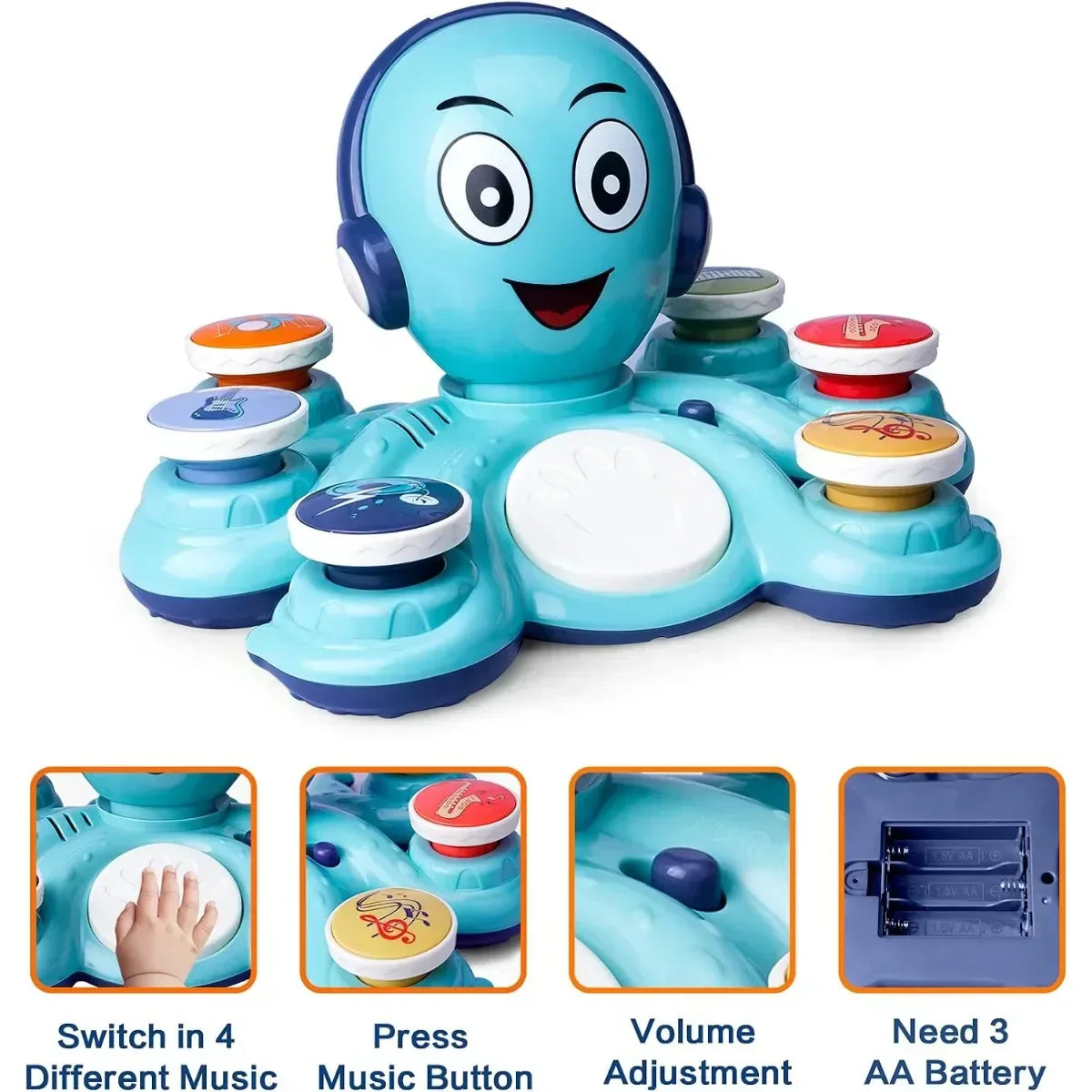 Blaues Oktopus-Musikspielzeug für Kinder, interaktiv, batteriebetrieben, mit Tasten.