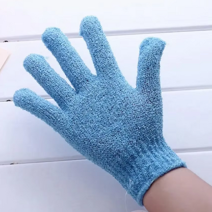 Blauer Peeling-Handschuh aus Baumwolle für sanfte Hautpflege und Exfoliation.
