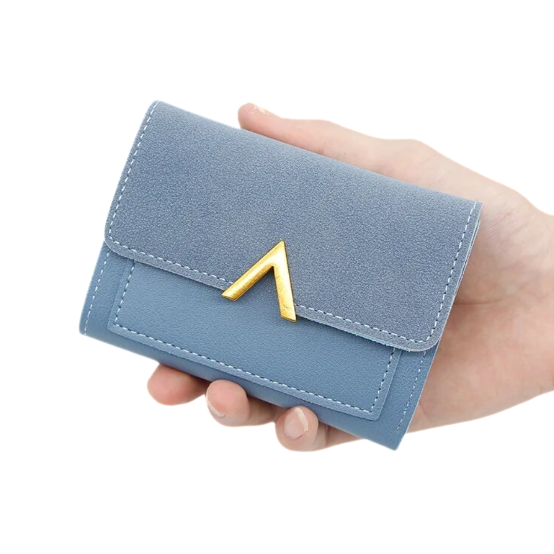 Blaue Damen-Geldbörse aus Leder mit goldener Verzierung, kompakt, handgehalten.