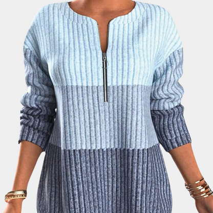 Damen-Pullover, blau gestreift, Reißverschluss, langärmelig, Strickmode, Herbstkleidung.