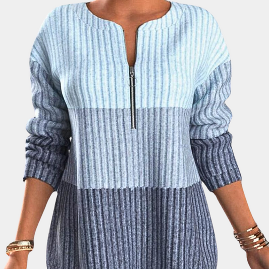 Damen-Pullover, blau gestreift, Reißverschluss, langärmelig, Strickmode, Herbstkleidung.