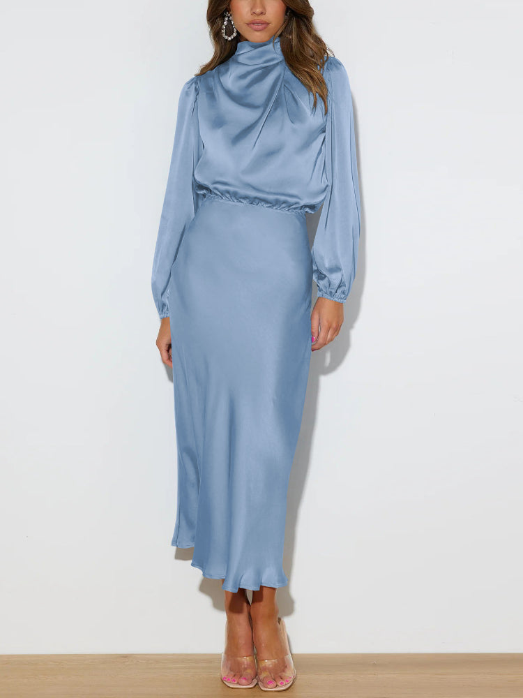 Damen Seidenkleid blau, langärmelig, elegantes Design, Abendmode, knöchellang.