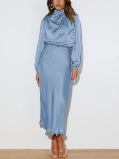 Damen Seidenkleid blau, langärmelig, elegantes Design, Abendmode, knöchellang.