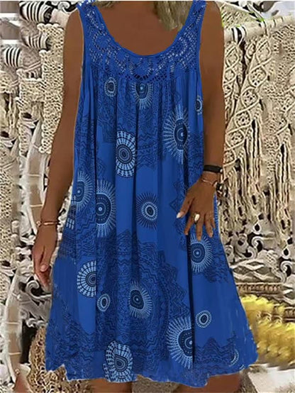Blaues Sommerkleid mit Mandala-Muster, ärmellos, knielang, ideal für Strandmode.