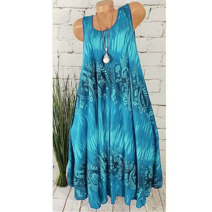 Ärmelloses blaues Sommerkleid mit Paisley-Muster, Damenmode, lässig, leicht, Baumwolle.