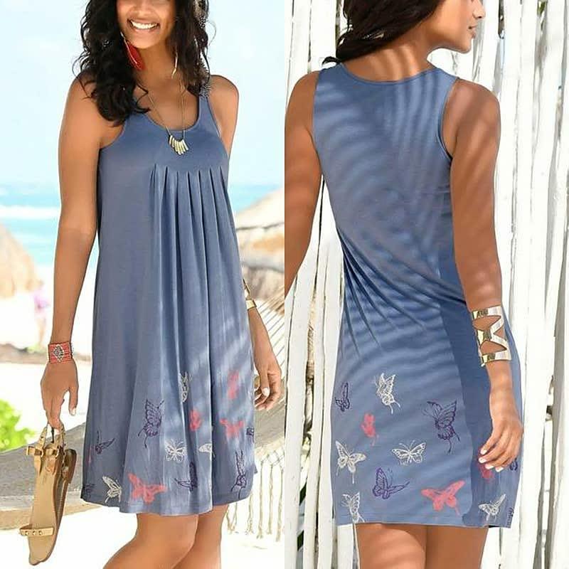 Blaues Sommerkleid mit Schmetterlingsmuster, ärmellos, knielang, ideal für Strandmode.
