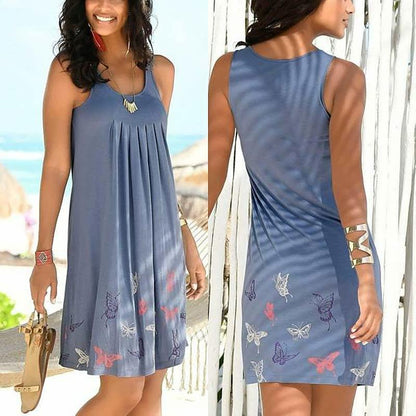 Blaues Sommerkleid mit Schmetterlingsmuster, ärmellos, knielang, ideal für Strandmode.